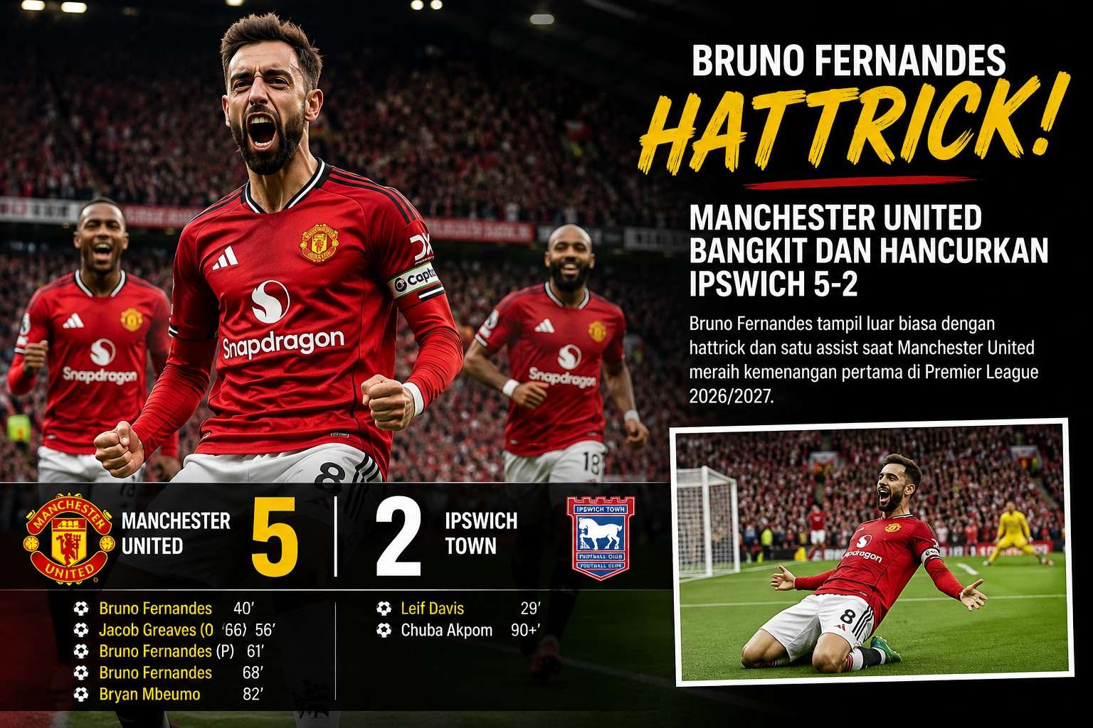 Bruno Fernandes Mengamuk, Manchester United Comeback 5-2 atas Ipswich