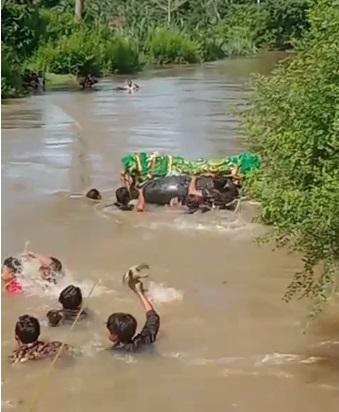 Tak Ada Jembatan, Warga Pelosok Pesisir Barat Lampung Nyaris Hanyut Bawa Jenazah Melintasi Banjir