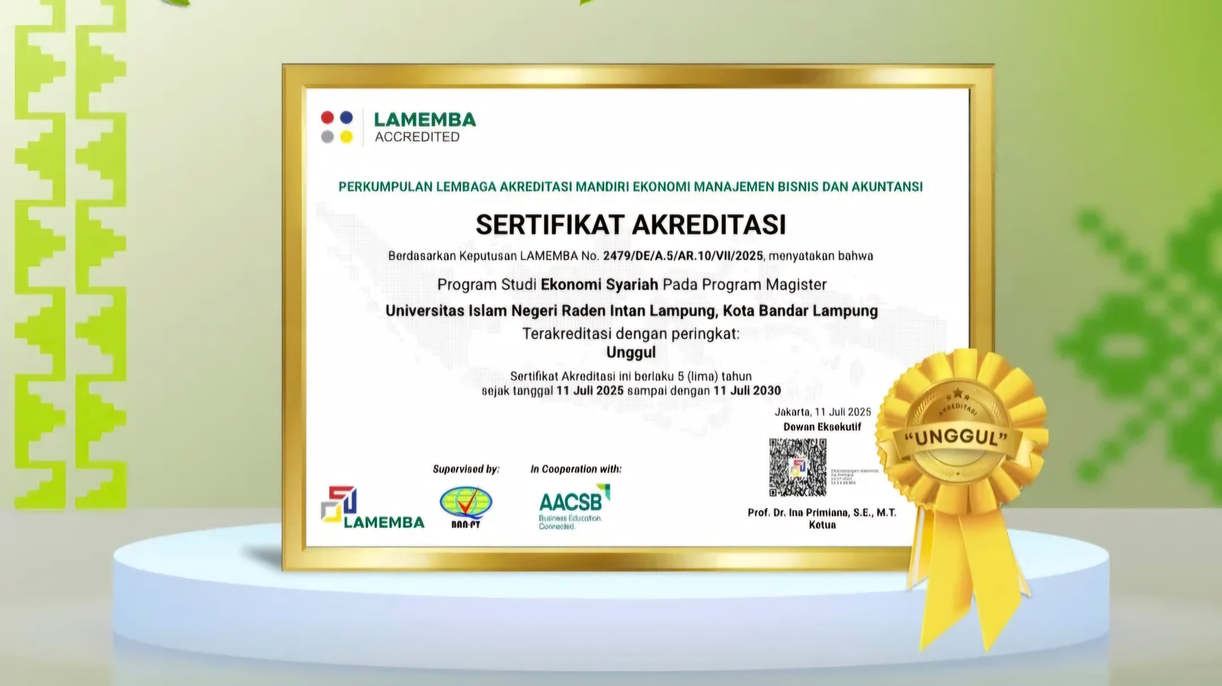 Program Studi Magister Ekonomi Syariah UIN Raden Intan Lampung Raih Akreditasi Unggul dari LAMEMBA