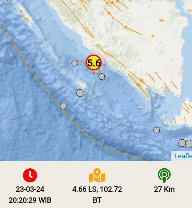 Gempa 5,6 M Guncang Bengkulu Selatan, Terasa Hingga Pesisir Barat