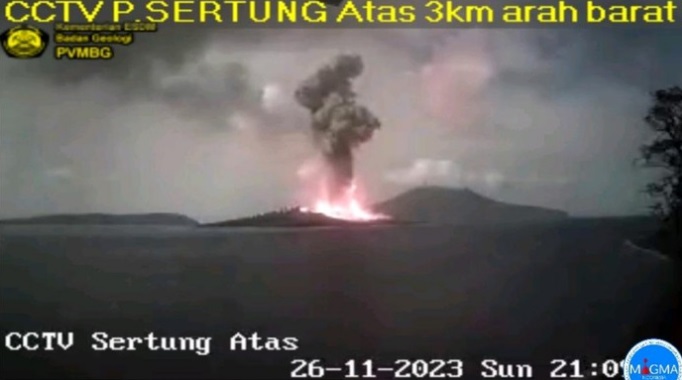 Eksotisme Pijar Erupsi Gunung Anak Krakatau Saat Malam Hari 