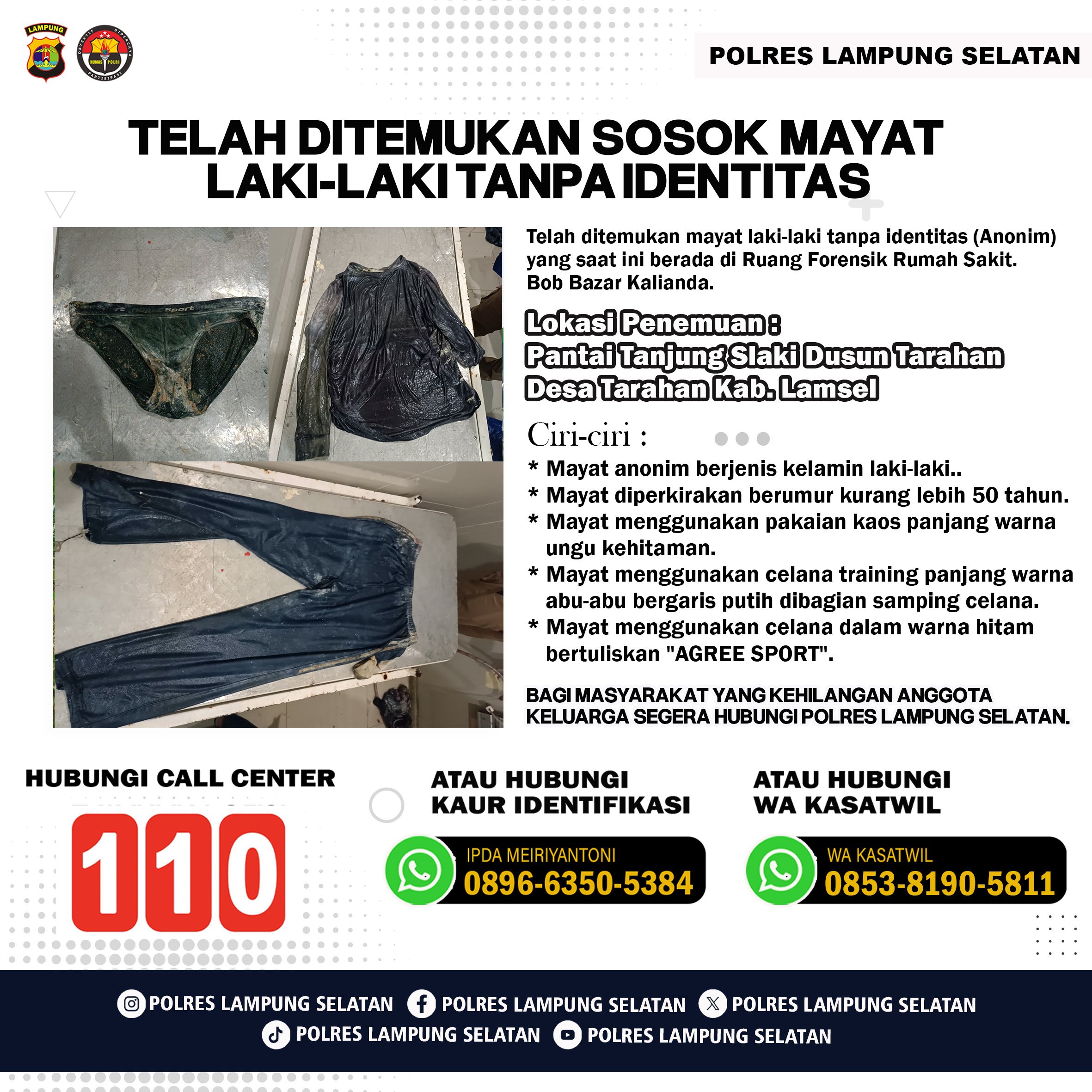 Mayat Laki-Laki Tanpa Identitas Ditemukan di Pantai Tanjung Slaki, Lampung Selatan