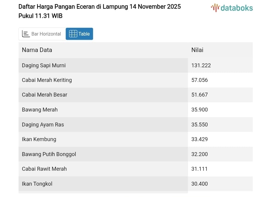 Harga Pangan Terbaru di Lampung per 14 November 2025: Minyak Goreng Naik, Cabai Merah Besar Turun