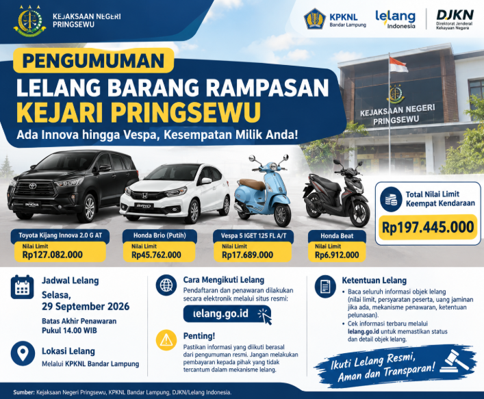Kejari Pringsewu Kembali Lelang Barang Rampasan, Ada Innova hingga Vespa