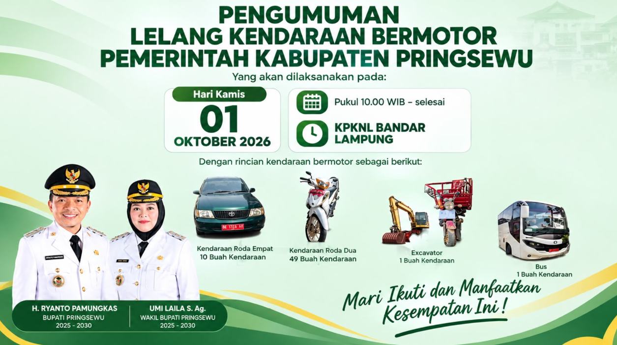 Pemkab Pringsewu Buka Lelang Aset Daerah, Puluhan Kendaraan hingga Excavator Siap Ditawarkan