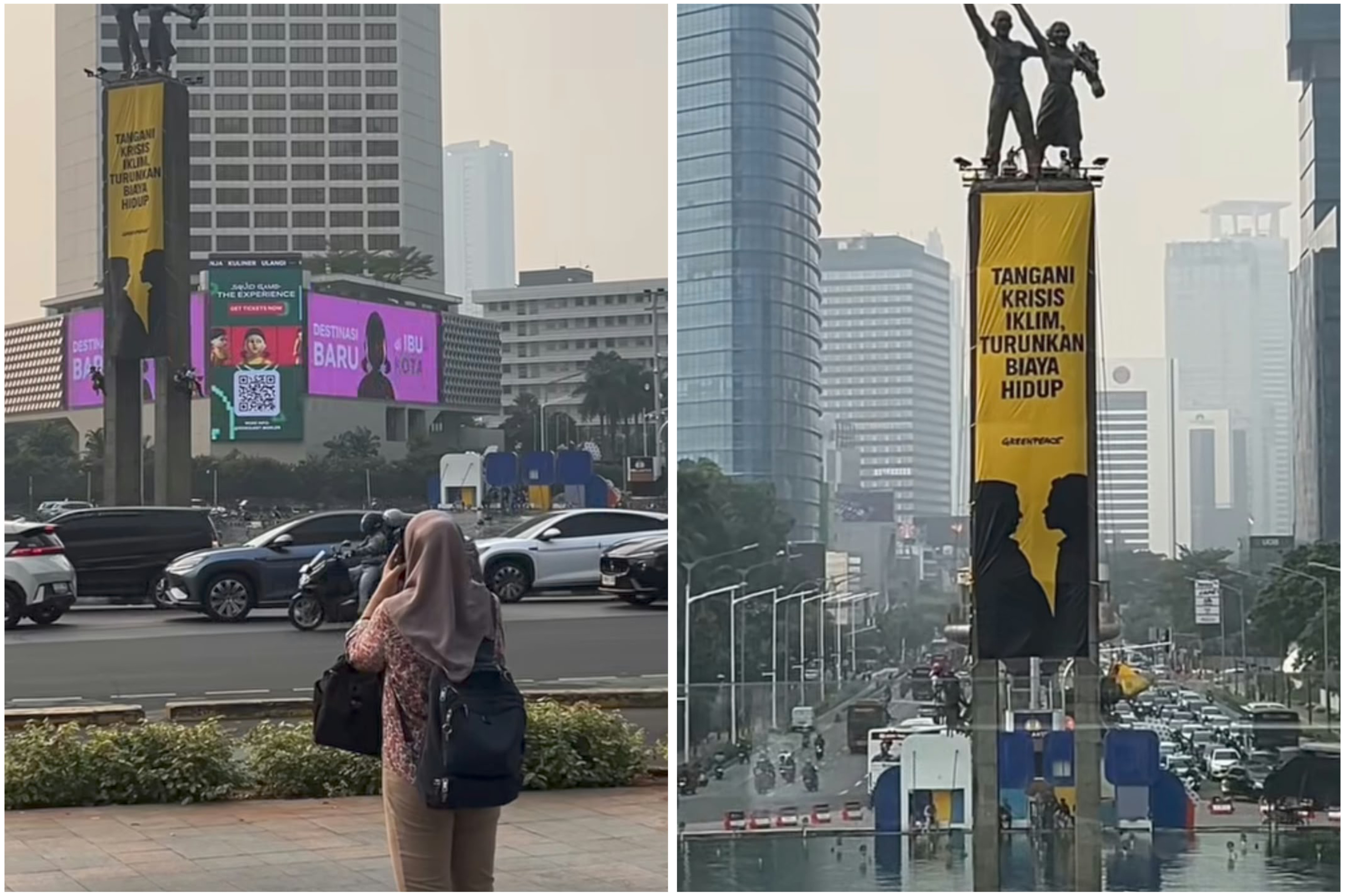 Berani Naik ke Puncak Patung Selamat Datang! Aktivis Greenpeace Bentangkan Spanduk Kritik Biaya Hidup