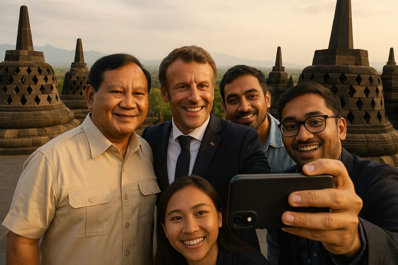 Momen Akrab Prabowo dan Macron: Selfie Bareng Wartawan di Candi Borobudur
