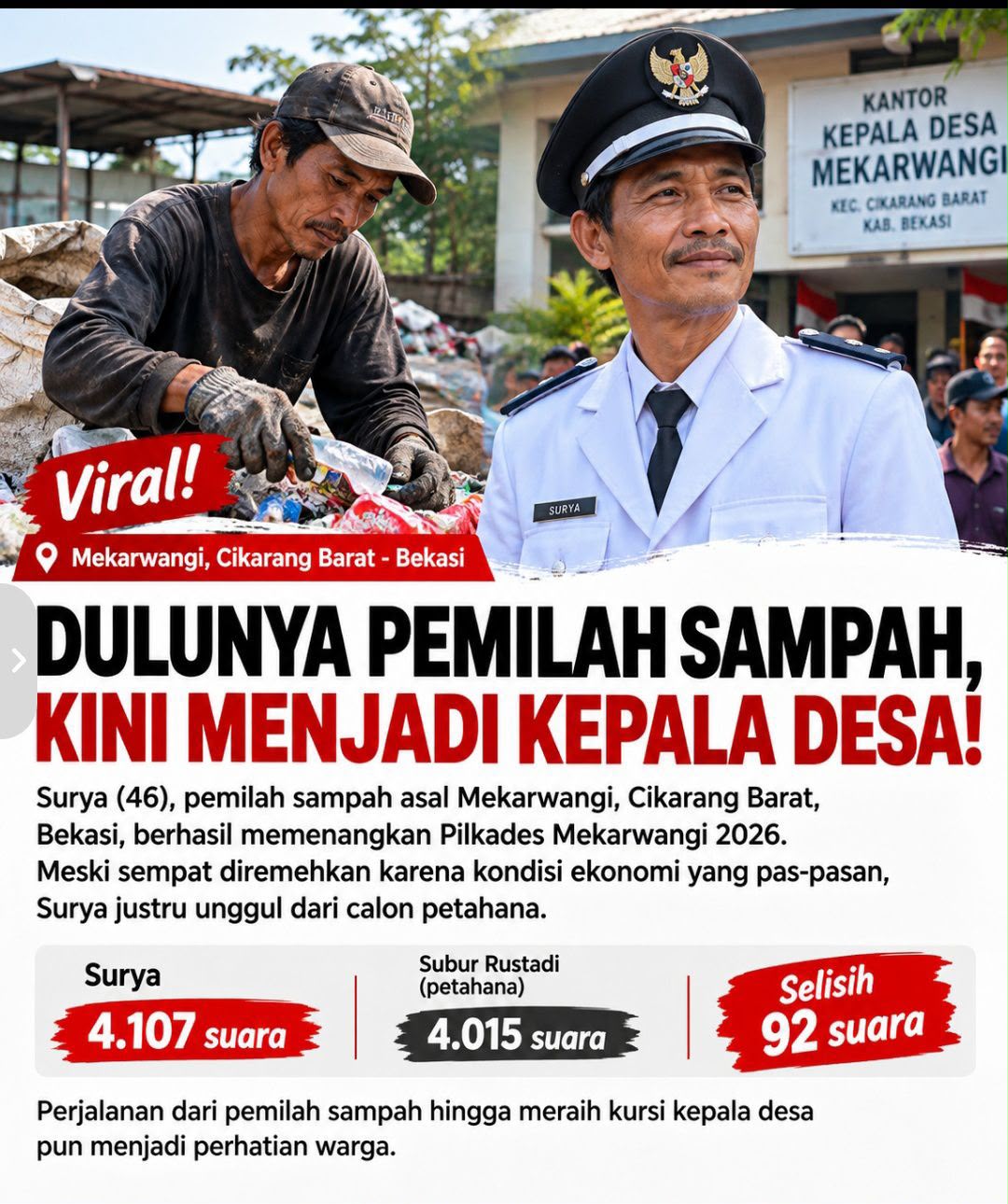Rezeki Memang Engga Kemana, Kisah Seorang Tukang Pilah Sampah Terpilih Menjadi Kades di Bekasi.