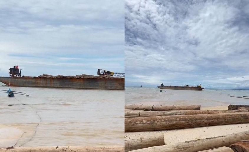 Tongkang Bermuatan 4.800 Kubik Kayu Asal Sumbar Terdampar di Pesisir Barat, Kayu Rusak Perahu Nelayan