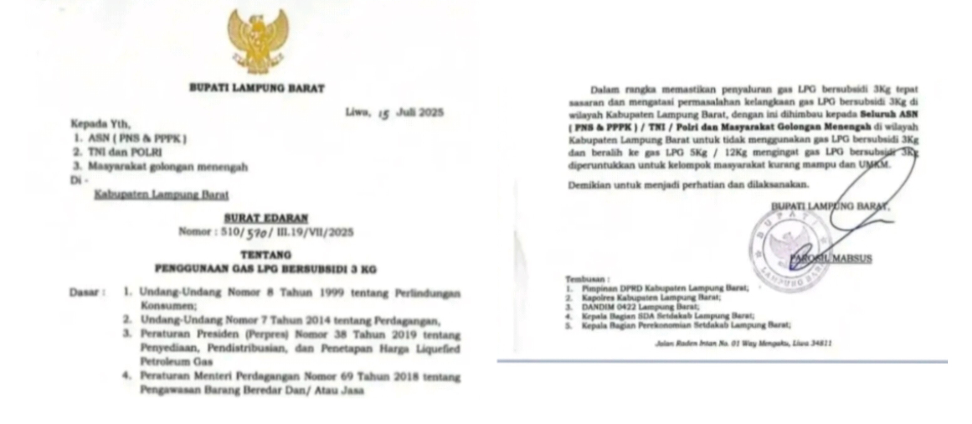 Bupati Lampung Barat Terbitkan Surat Edaran Larangan ASN Pakai Gas LPG 3 Kg