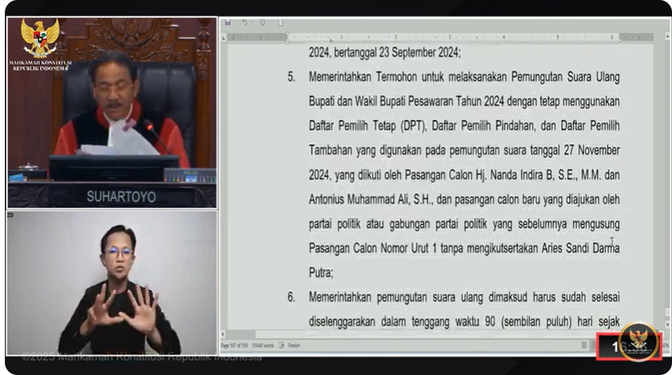 MK Putuskan KPU Gelar Pemungutan Suara Ulang Pilkada Pesawaran Tanpa Kepesertaan Aries Sandi