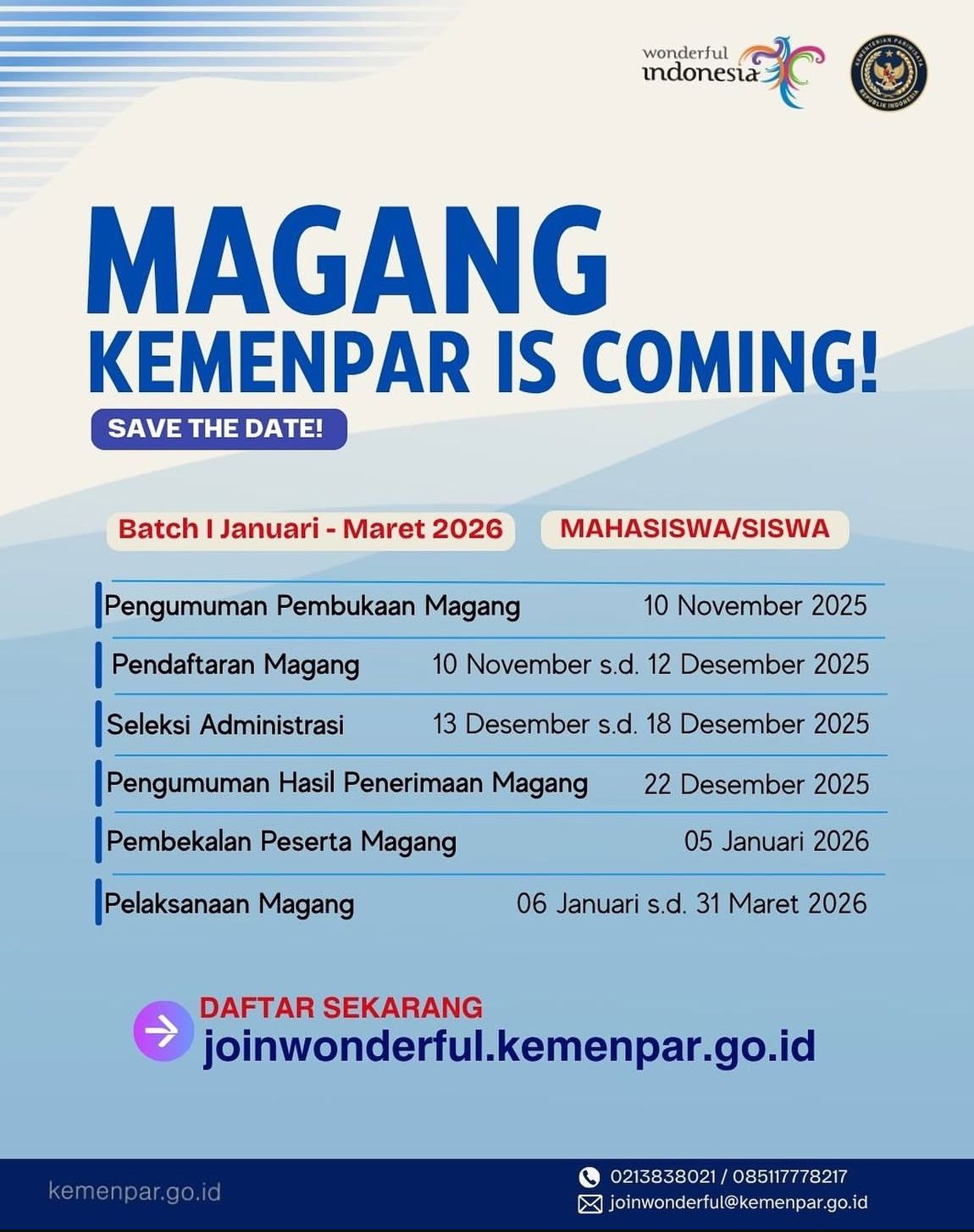 Kemenpar Buka Kesempatan Magang Batch I Tahun 2026, Ini Jadwal dan Cara Daftarnya