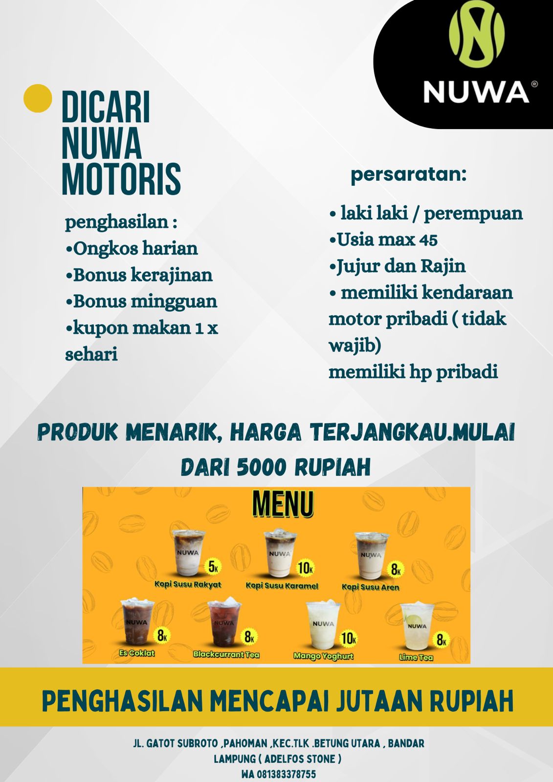 Brand FnB di Lampung Ini Buka Loker untuk Nuwa Motoris, Cek Detilnya!