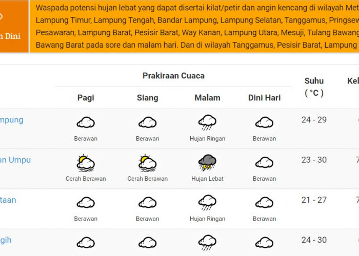 PRAKIRAAN CUACA HARI INI : Semua Wilayah Di Provinsi Lampung Diperkiraan Hujan Di Malam Hari 