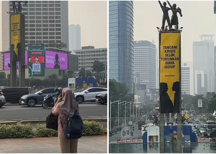 Berani Naik ke Puncak Patung Selamat Datang! Aktivis Greenpeace Bentangkan Spanduk Kritik Biaya Hidup