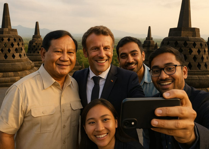Momen Akrab Prabowo dan Macron: Selfie Bareng Wartawan di Candi Borobudur