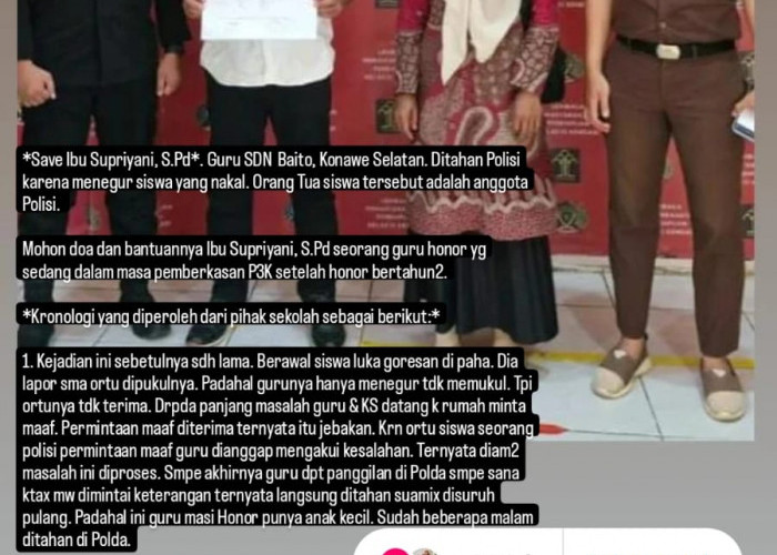 Guru Honor Ditahan Polisi Setelah Menegur Murid Nakal di Konawe Selatan