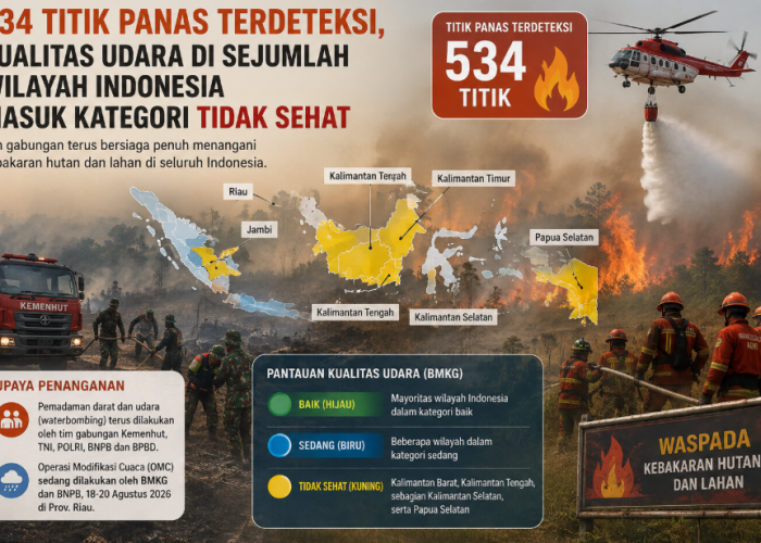 534 Titik Panas Terdeteksi, Kualitas Udara di Sejumlah Wilayah Indonesia Masuk Kategori Tidak Sehat