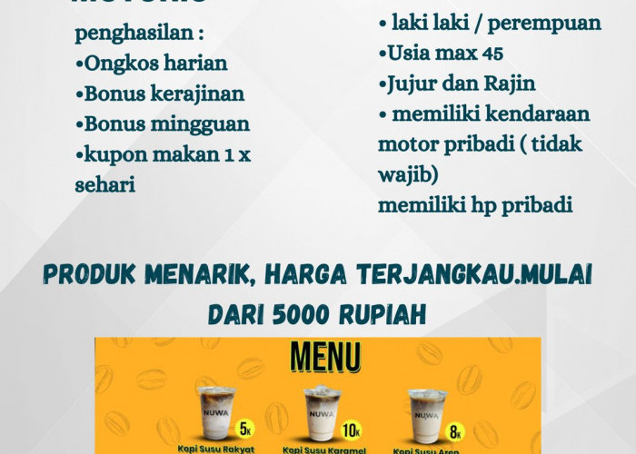 Brand FnB di Lampung Ini Buka Loker untuk Nuwa Motoris, Cek Detilnya!